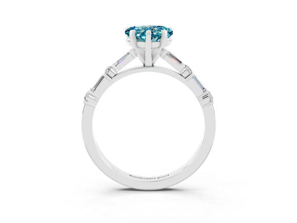 Platinum Heart Cut Blue Topaz Solitaire with Side Baguettes and Channel Set Band