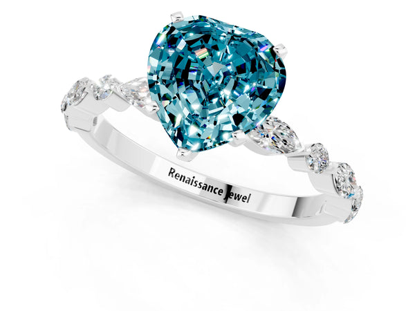Platinum Heart Cut Blue Topaz Ring with Marquise and Round  Side Stones and Four-Prong Setting