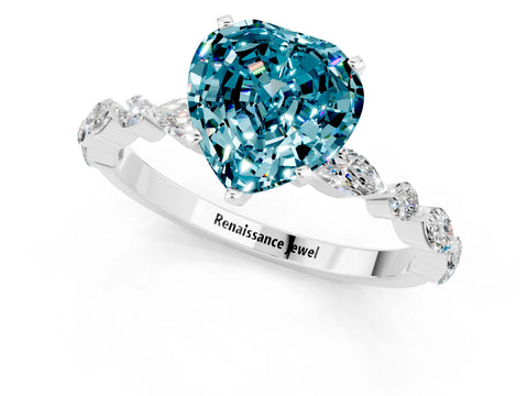 White gold Heart Cut Blue Topaz Solitaire with Side Stones on a Pavé Band and Four-Prong Setting_1
