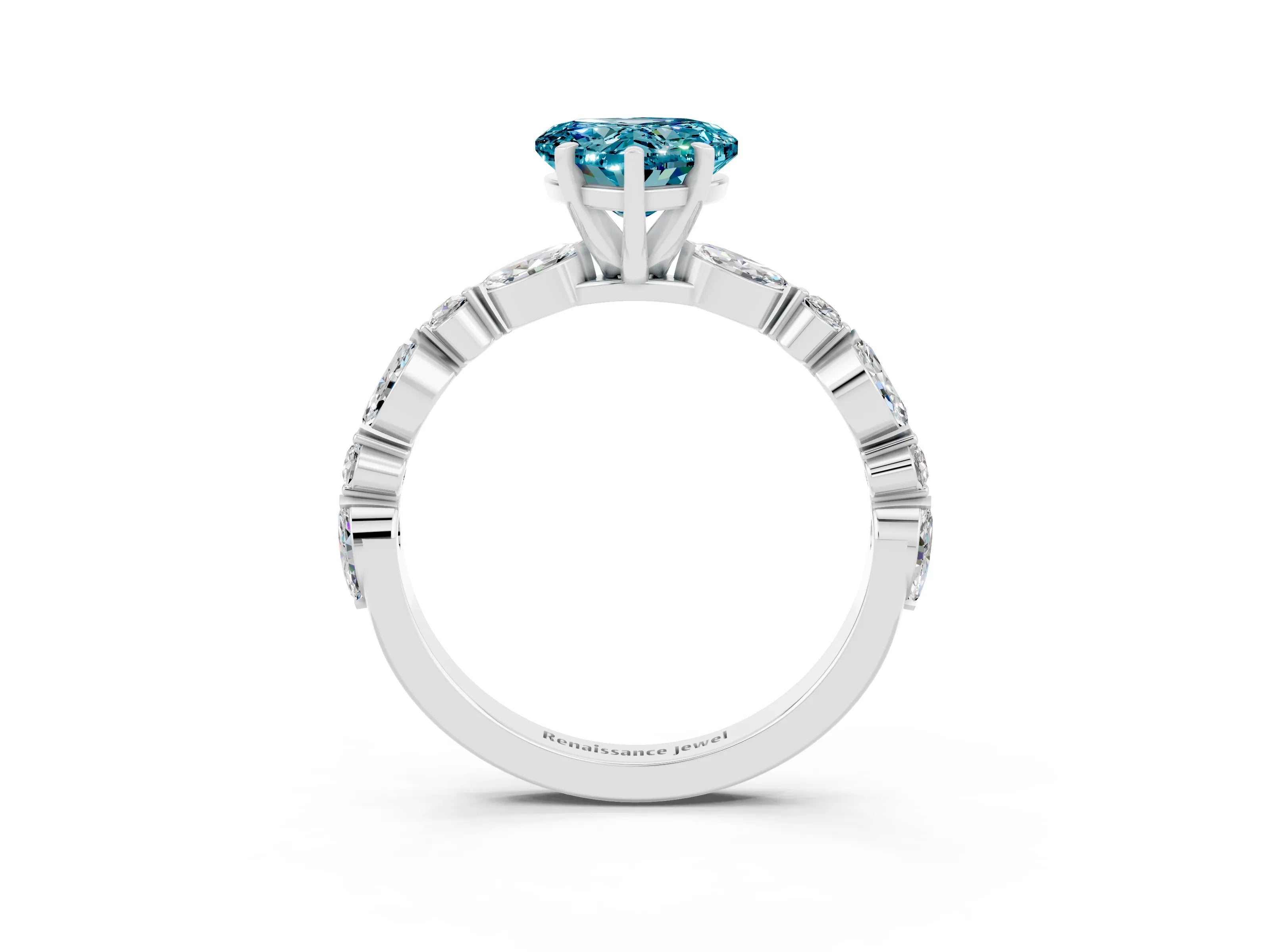 White gold Heart Cut Blue Topaz Solitaire with Side Stones on a Pavé Band and Four-Prong Setting_3