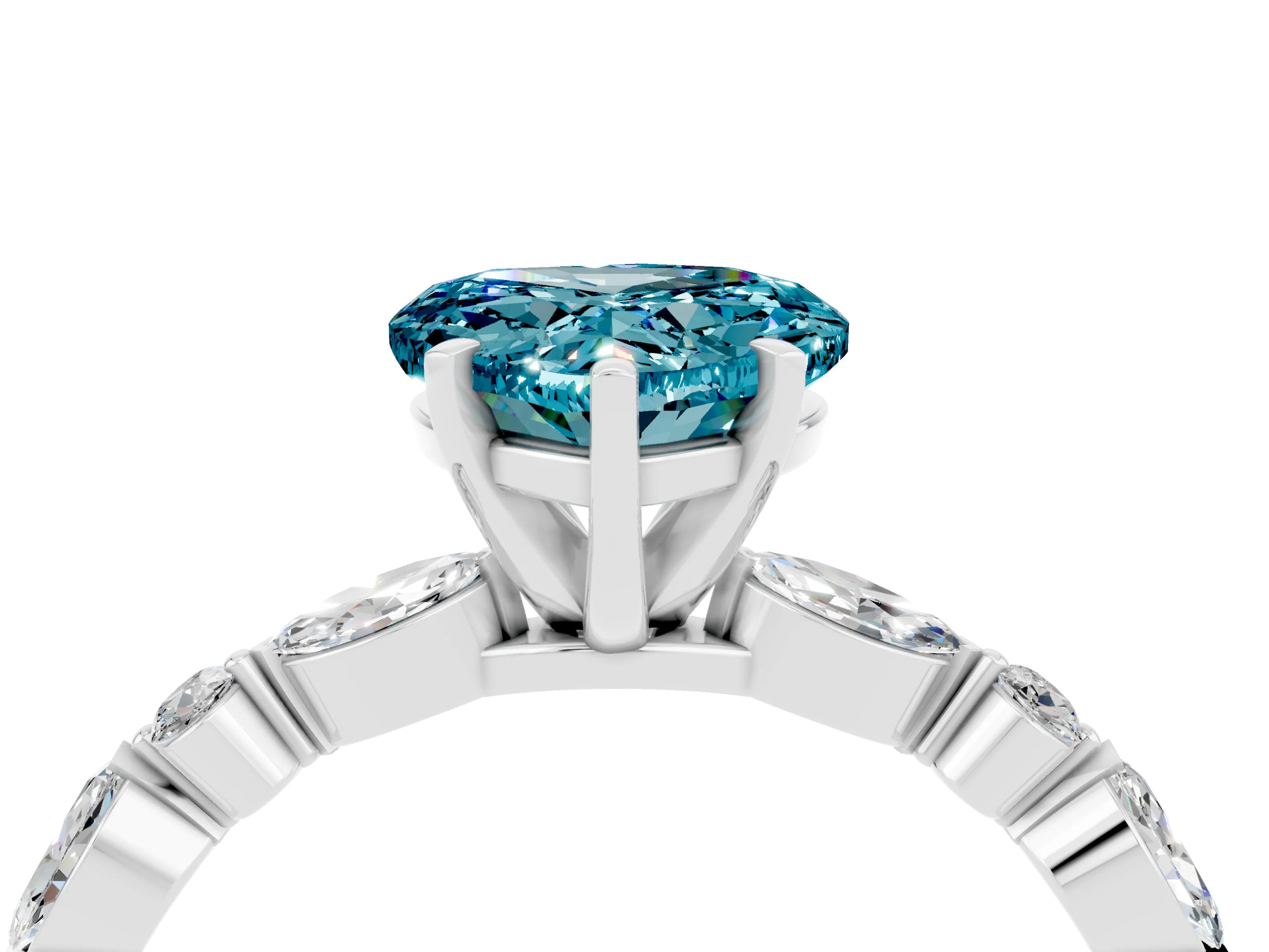 White gold Heart Cut Blue Topaz Solitaire with Side Stones on a Pavé Band and Four-Prong Setting_4