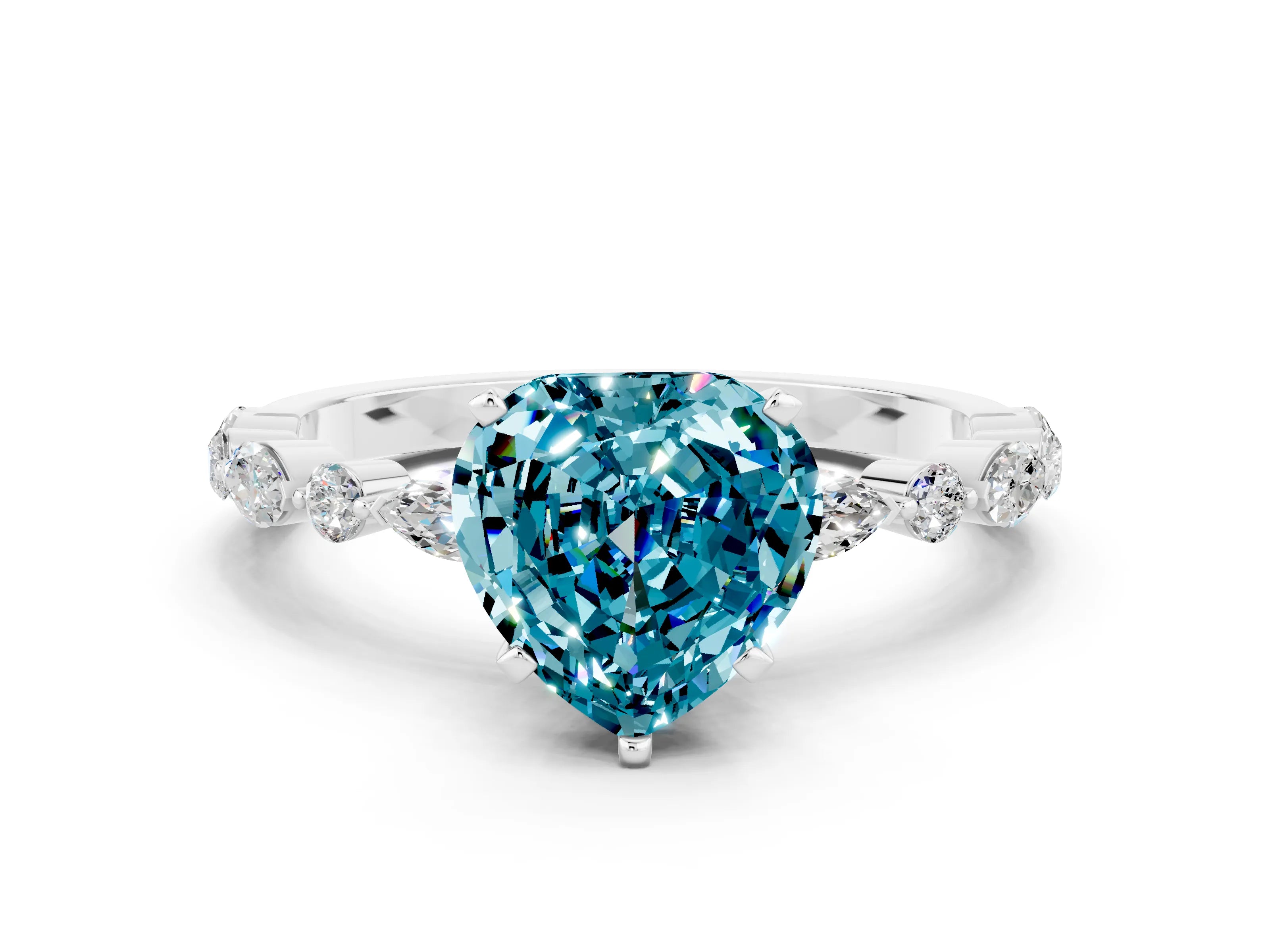 White gold Heart Cut Blue Topaz Solitaire with Side Stones on a Pavé Band and Four-Prong Setting