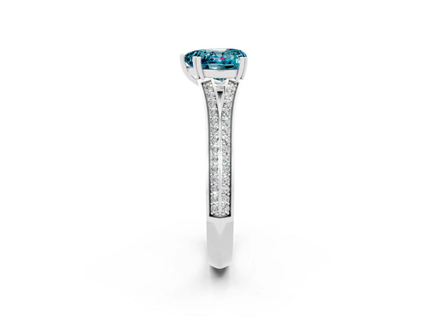 Silver Heart Cut Blue Topaz Split Shank Engagement Ring with Pavé Band