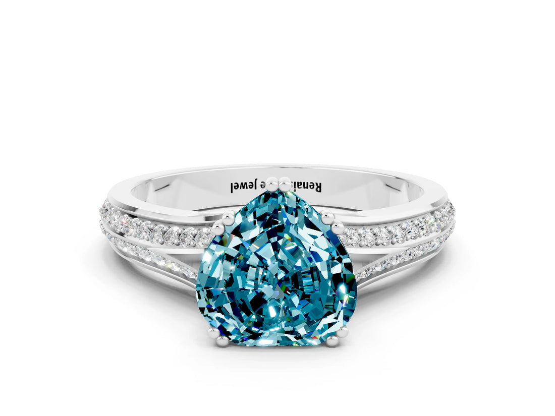 White gold Heart Cut Blue Topaz Split Shank Engagement Ring with Pavé Band