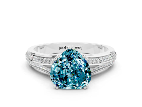 White gold Heart Cut Blue Topaz Split Shank Engagement Ring with Pavé Band