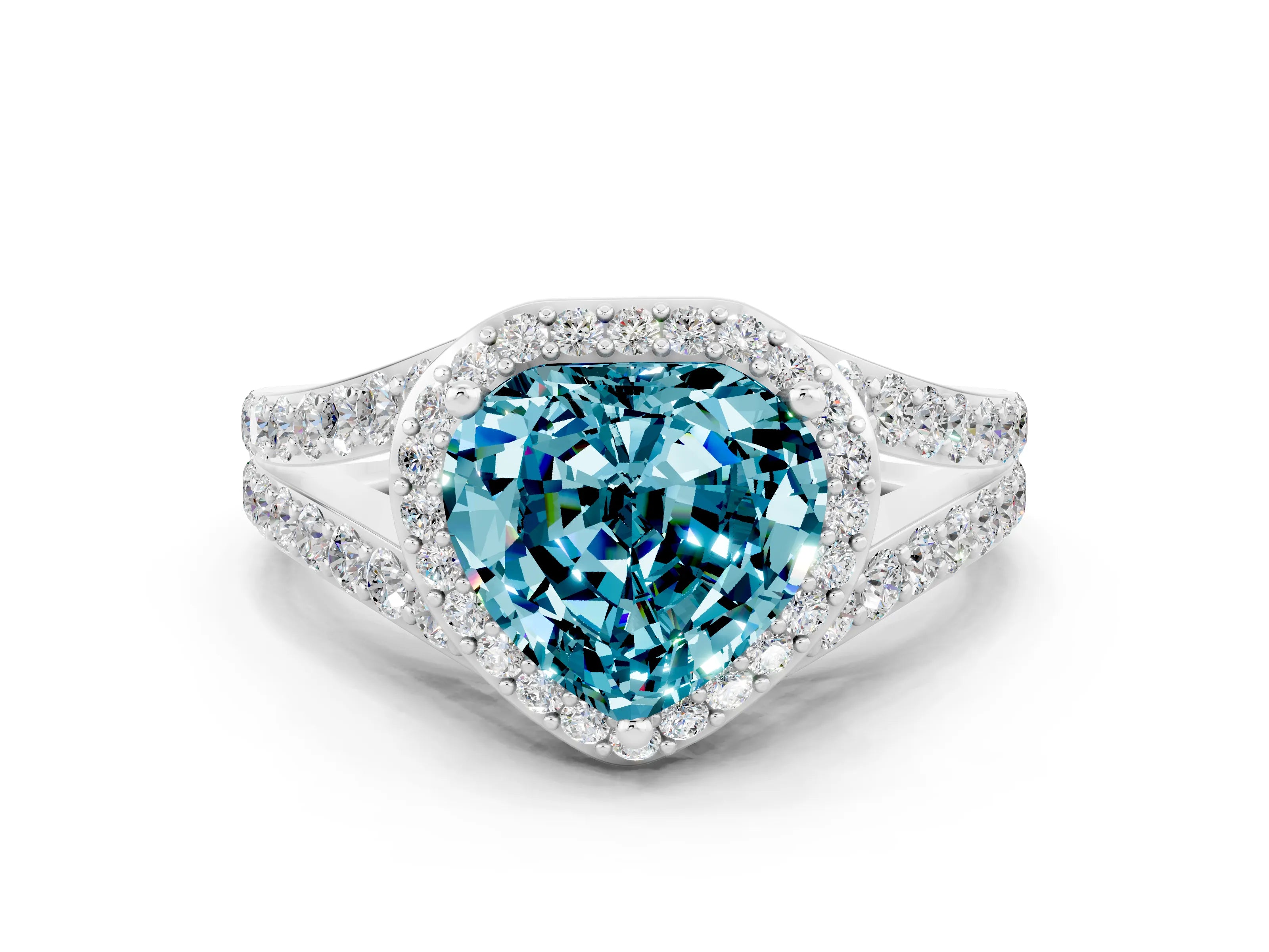 White gold Heart Cut Blue Topaz Split Shank Halo Ring with Four-Prong Setting_60