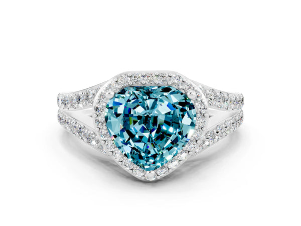 Platinum Heart Cut Blue Topaz Split Shank Halo Ring with Four-Prong Setting