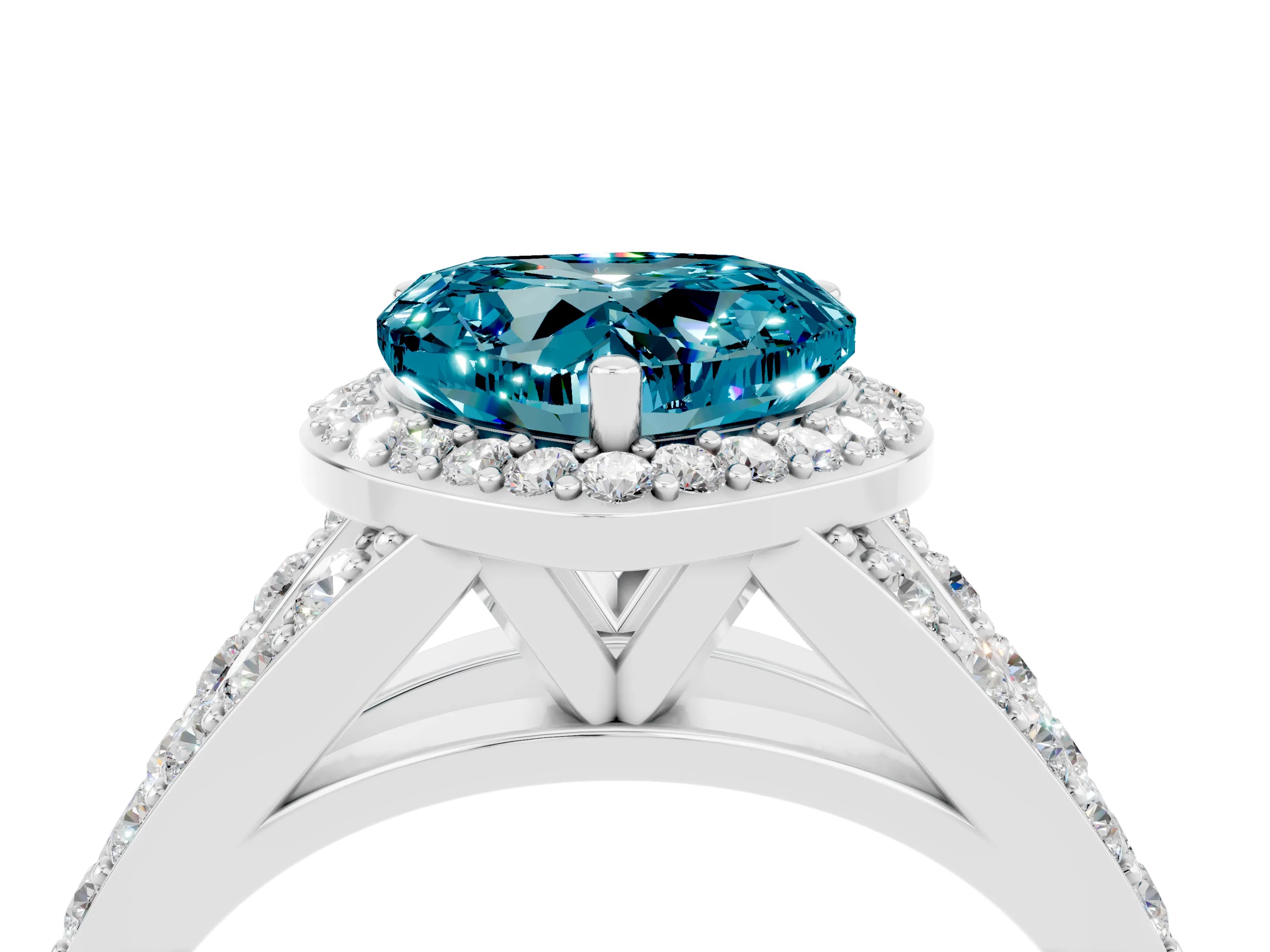 White gold Heart Cut Blue Topaz Split Shank Halo Ring with Four-Prong Setting_64