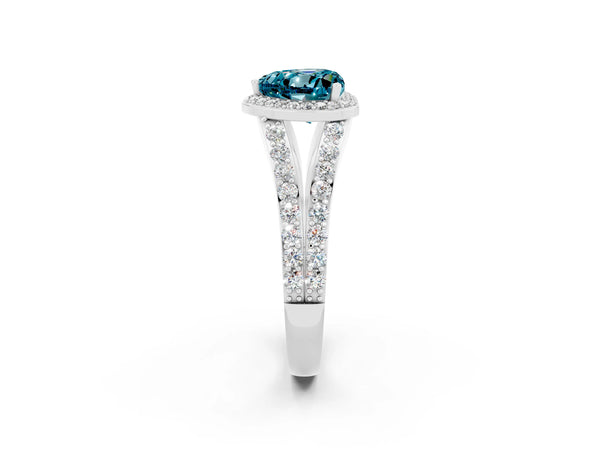 White gold Heart Cut Blue Topaz Split Shank Halo Ring with Four-Prong Setting