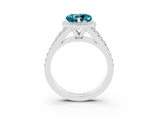 White gold Heart Cut Blue Topaz Split Shank Halo Ring with Four-Prong Setting