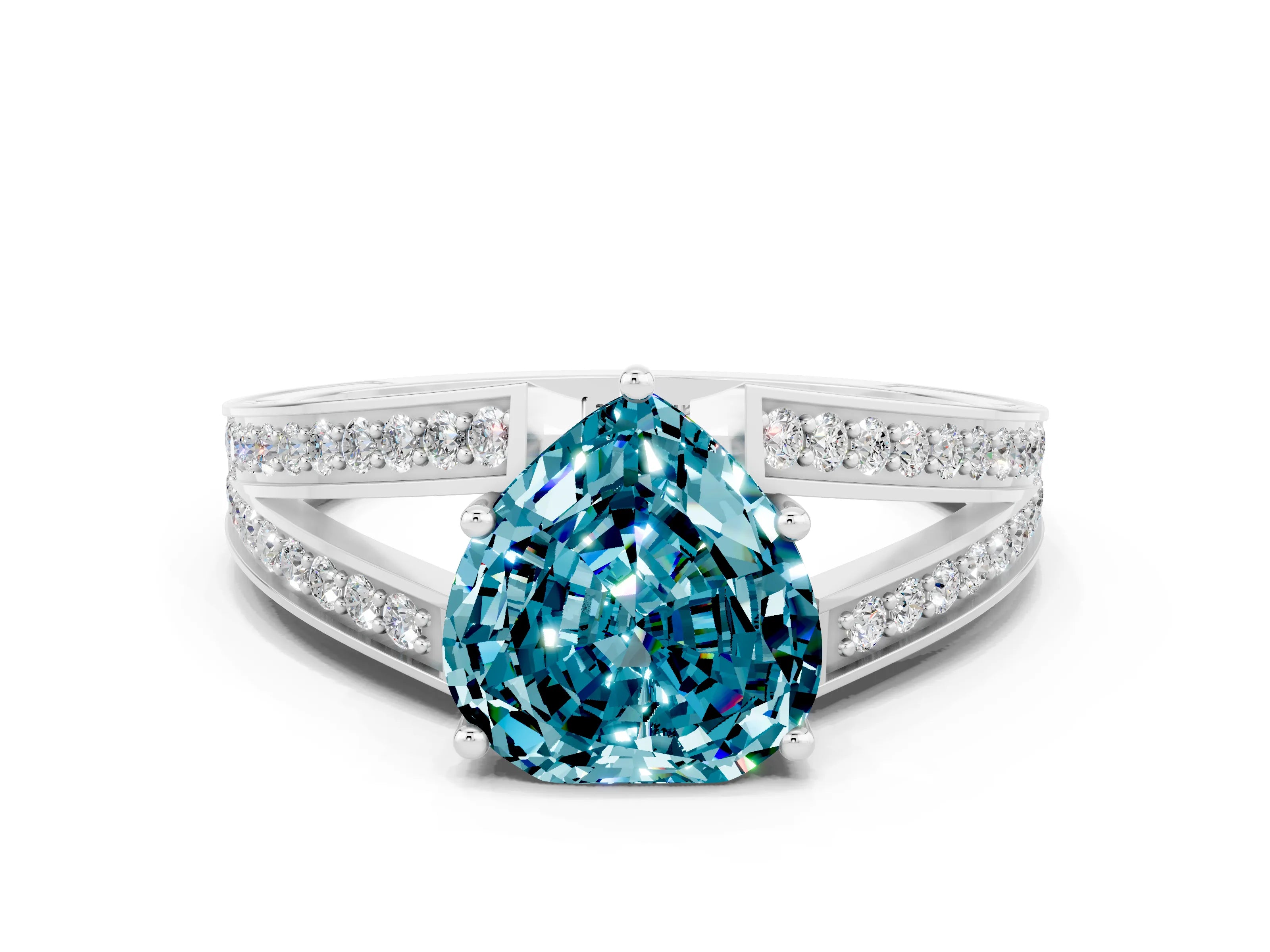 White gold Heart Cut Blue Topaz Split Shank Ring with Pavé Band and Four-Prong Setting