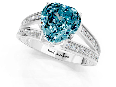 White gold Heart Cut Blue Topaz Split Shank Ring with Pavé Band and Four-Prong Setting_1