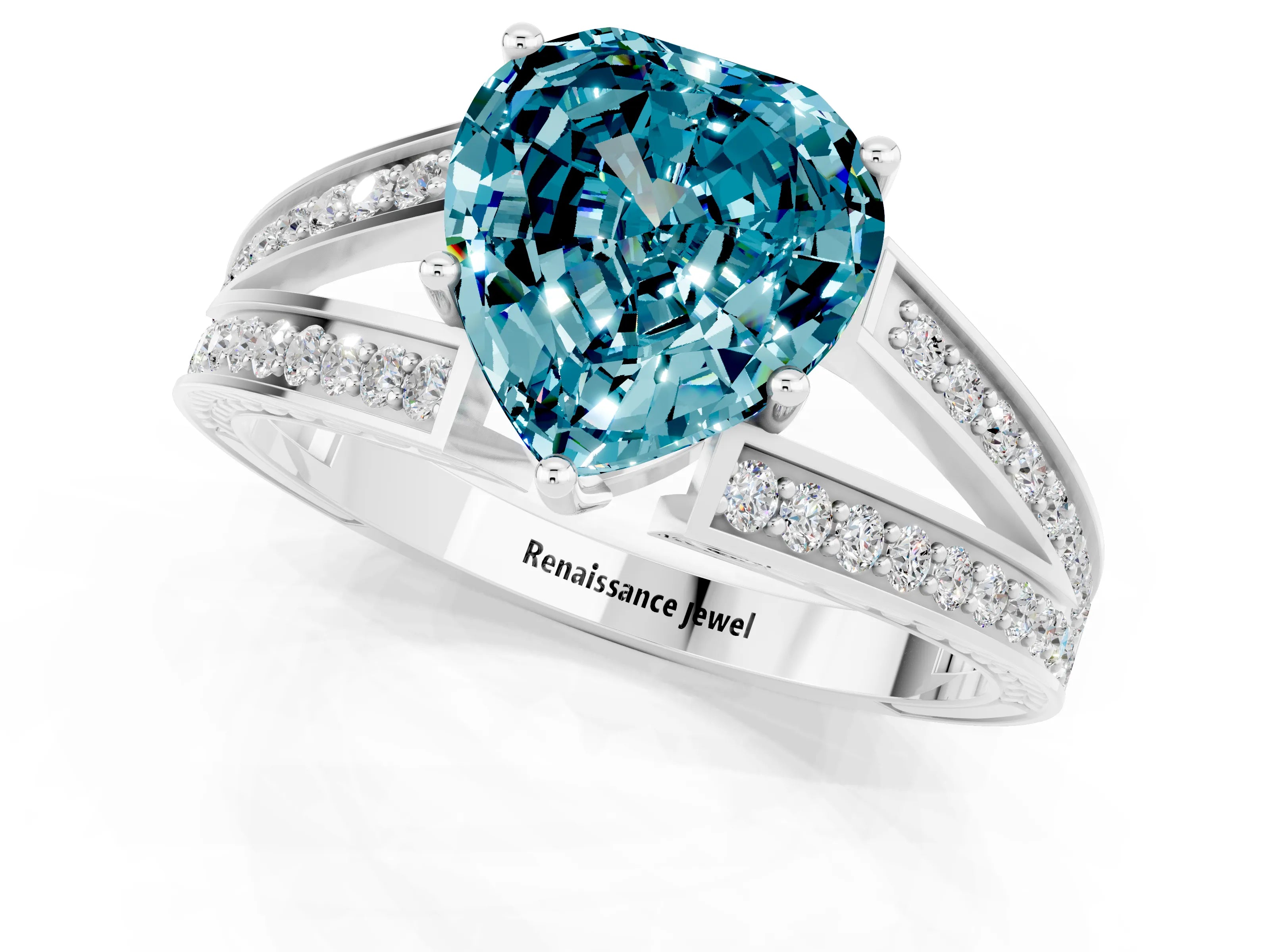 White gold Heart Cut Blue Topaz Split Shank Ring with Pavé Band and Four-Prong Setting_1