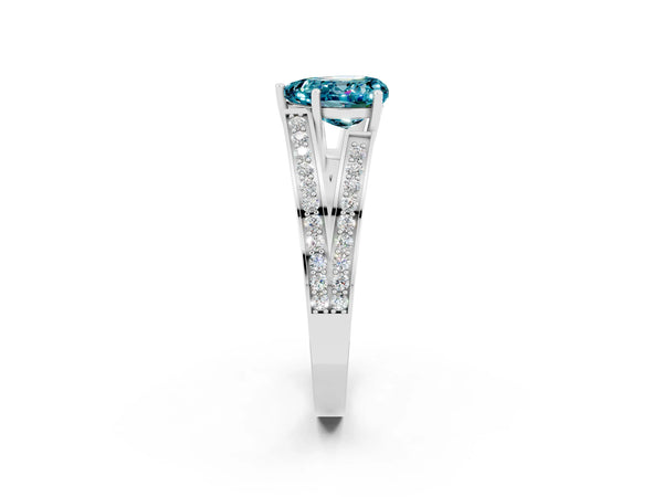 Platinum Heart Cut Blue Topaz Split Shank Ring with Pavé Band and Four-Prong Setting