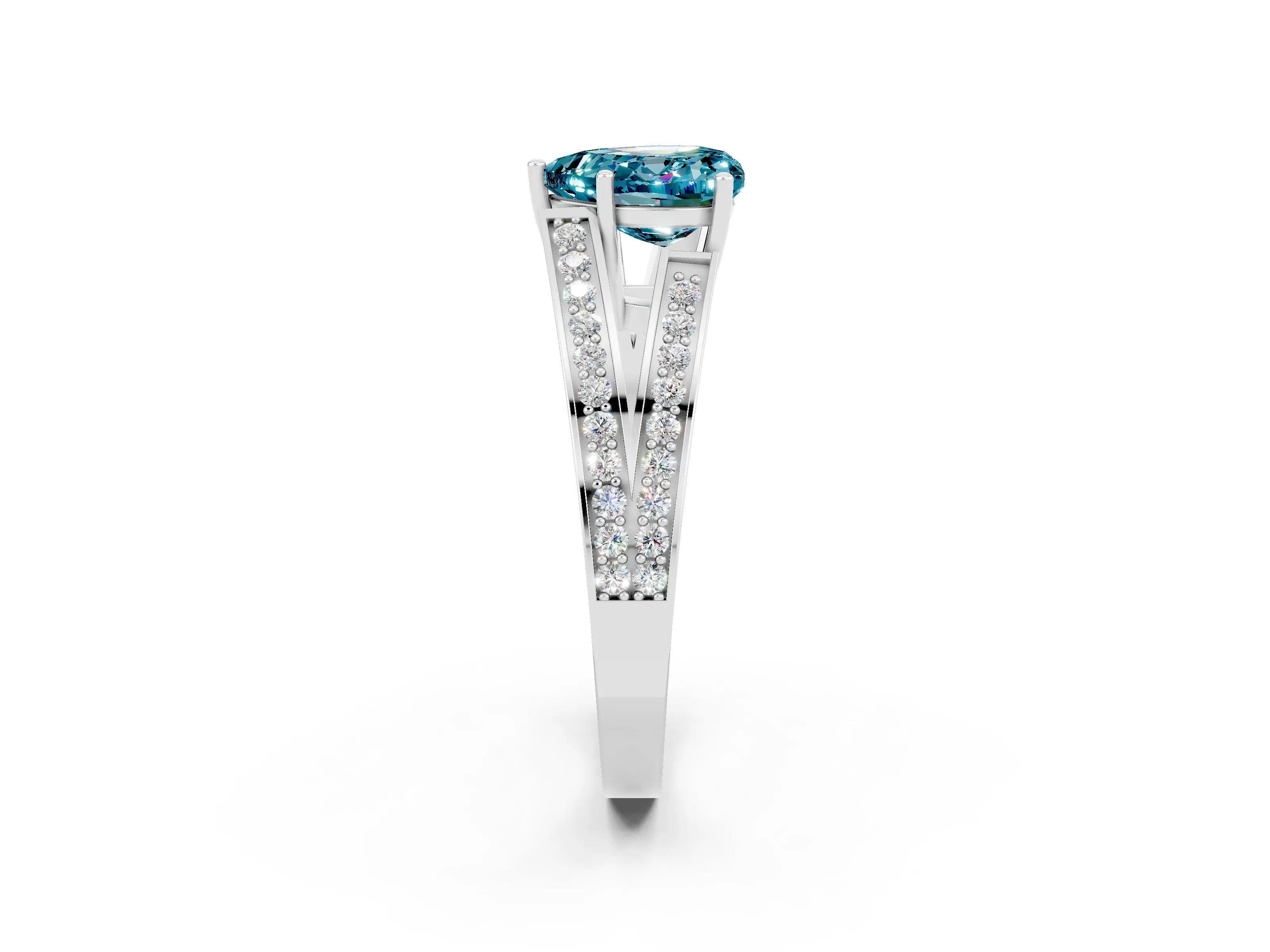 White gold Heart Cut Blue Topaz Split Shank Ring with Pavé Band and Four-Prong Setting_2