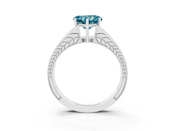White gold Heart Cut Blue Topaz Split Shank Ring with Pavé Band and Four-Prong Setting