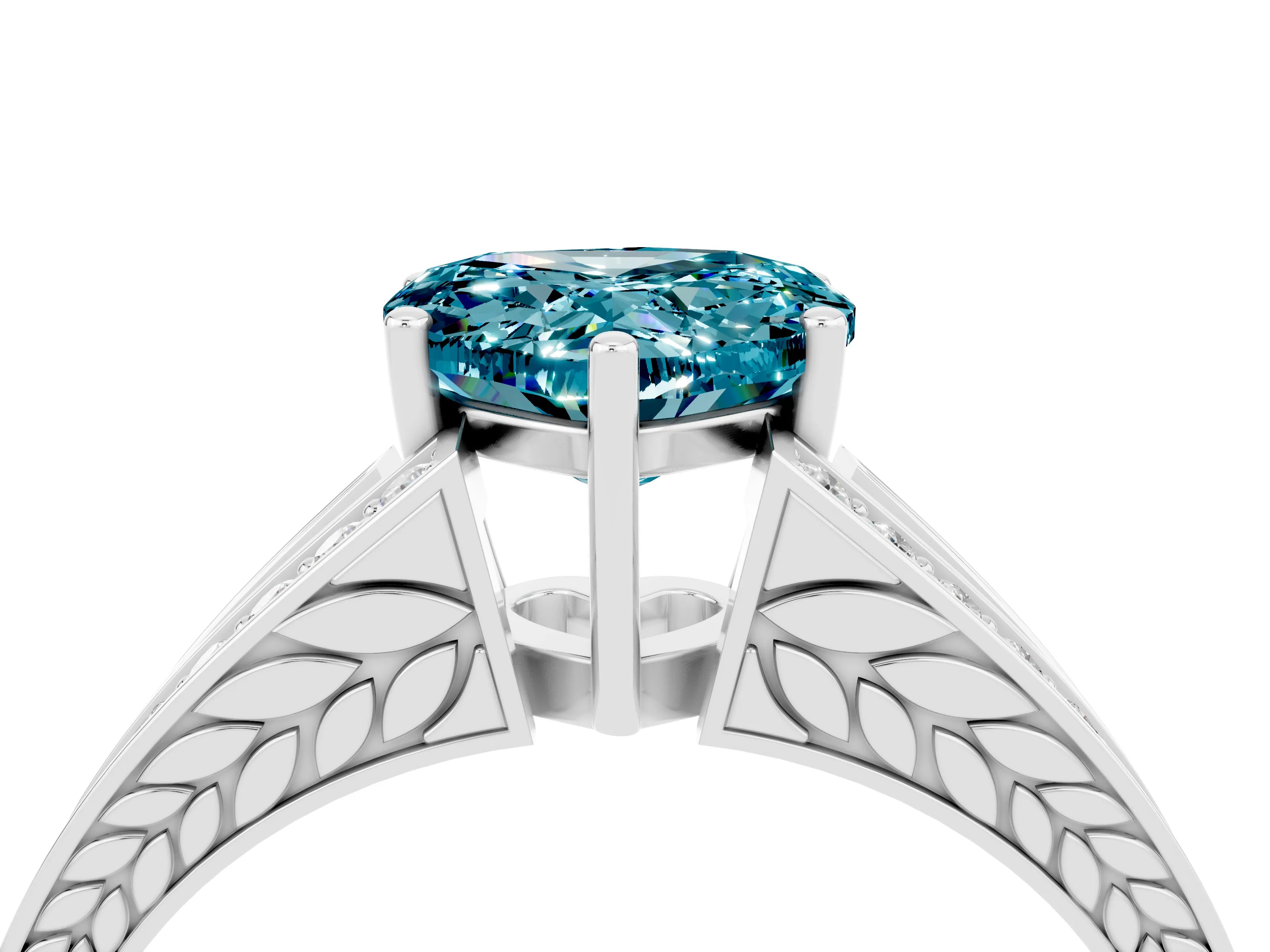 White gold Heart Cut Blue Topaz Split Shank Ring with Pavé Band and Four-Prong Setting_4
