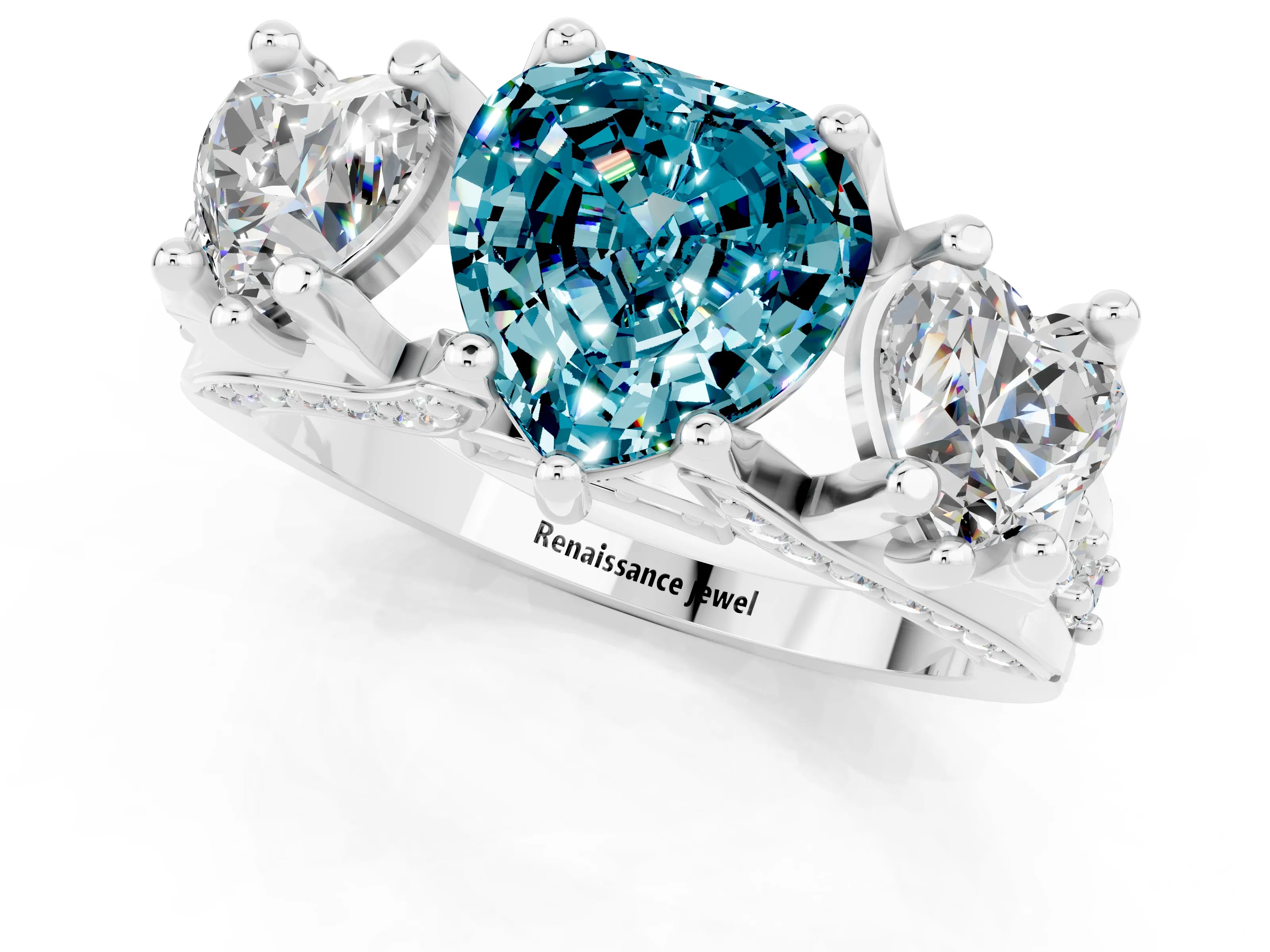 White gold Heart Cut Blue Topaz Three-Stone Ring with Channel Set Band and Four-Prong Setting_1
