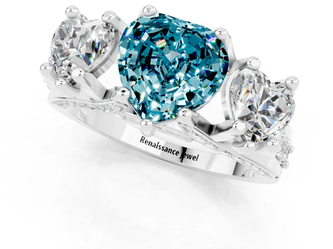 White gold Heart Cut Blue Topaz Three-Stone Ring with Channel Set Band and Four-Prong Setting_1