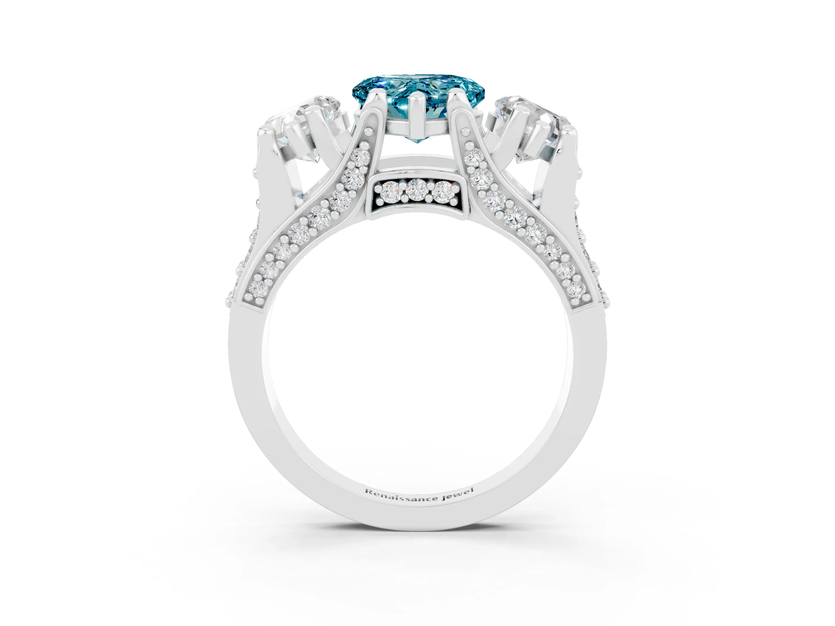 White gold Heart Cut Blue Topaz Three-Stone Ring with Channel Set Band and Four-Prong Setting_3