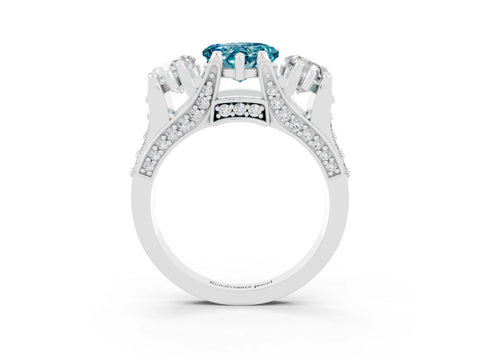 White gold Heart Cut Blue Topaz Three-Stone Ring with Channel Set Band and Four-Prong Setting_3