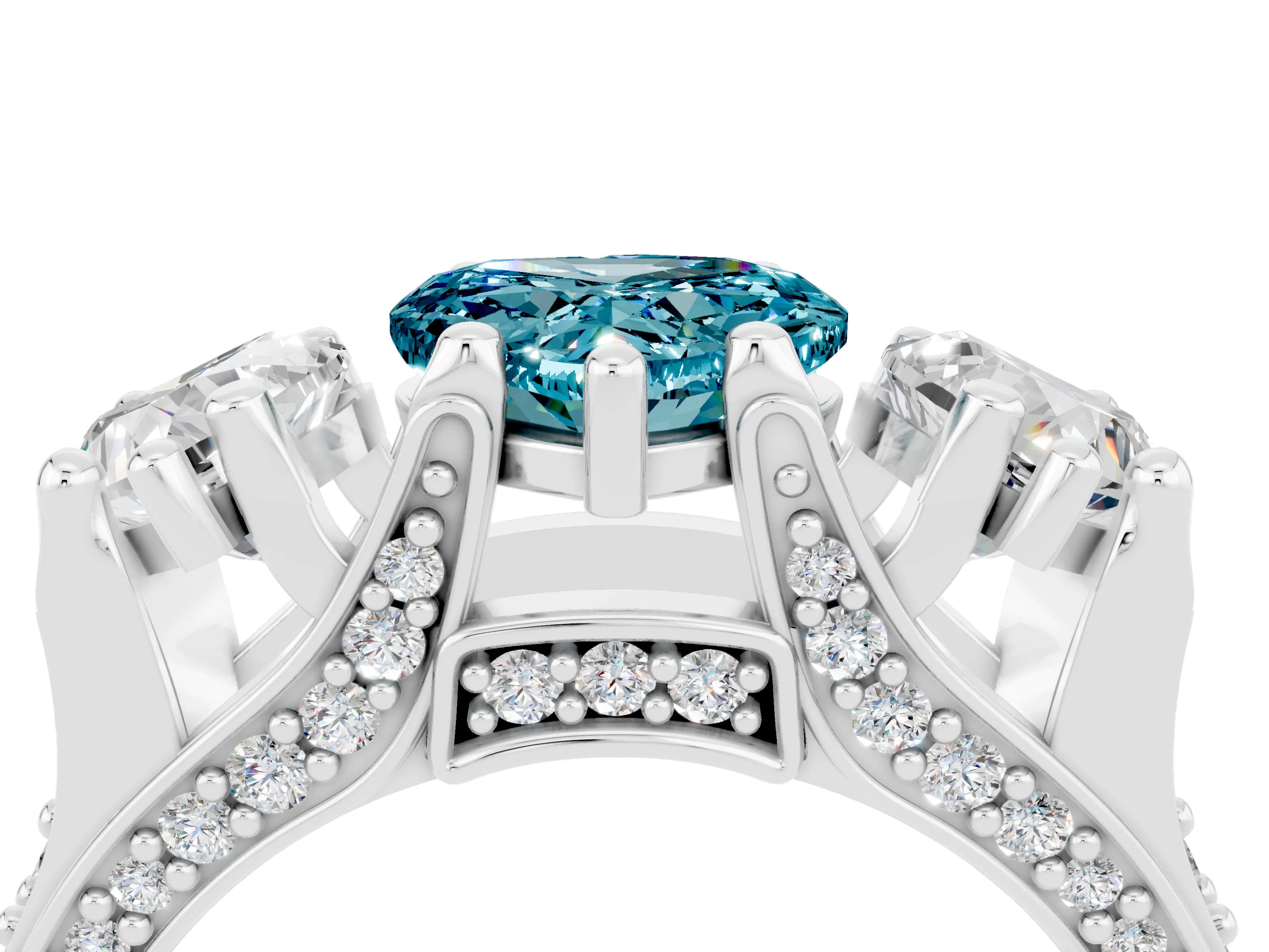 White gold Heart Cut Blue Topaz Three-Stone Ring with Channel Set Band and Four-Prong Setting_4