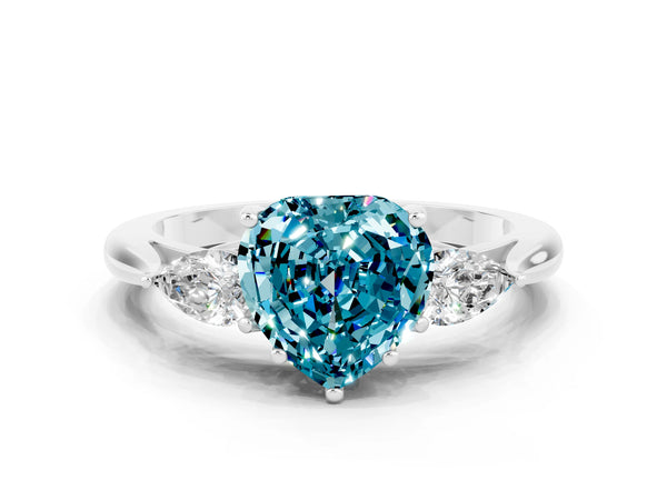 White gold Heart Cut Blue Topaz Three-Stone Ring with Pear  Side Stones and Prong Setting