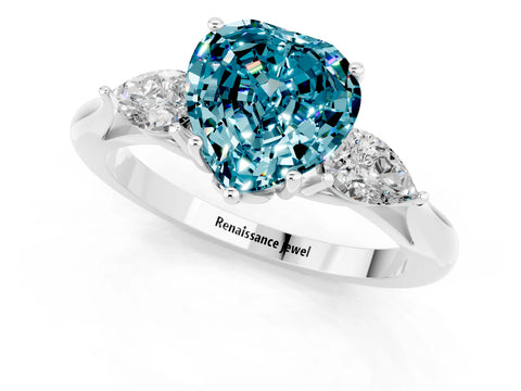 White gold Heart Cut Blue Topaz Three-Stone Ring with Pear Side Stones and Four-Prong Setting_13
