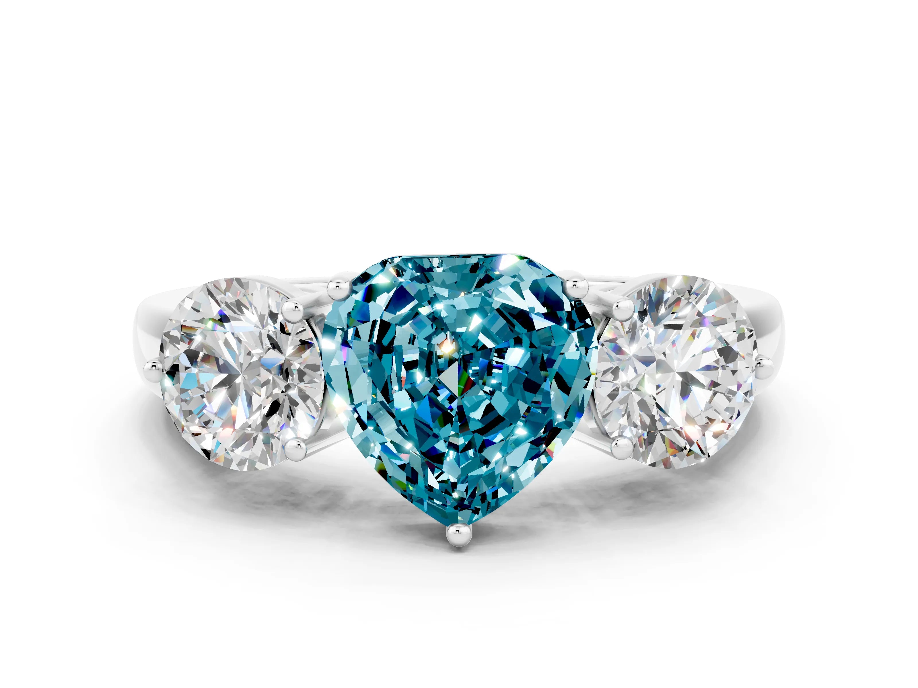 White gold Heart Cut Blue Topaz Three-Stone Ring with Prong Setting and Classic Band