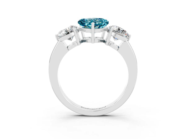 White gold Heart Cut Blue Topaz Three-Stone Ring with Prong Setting and Classic Band