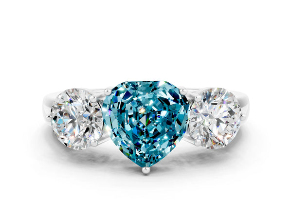 Silver Heart Cut Blue Topaz Three-Stone Ring with Prong Setting and Classic Band