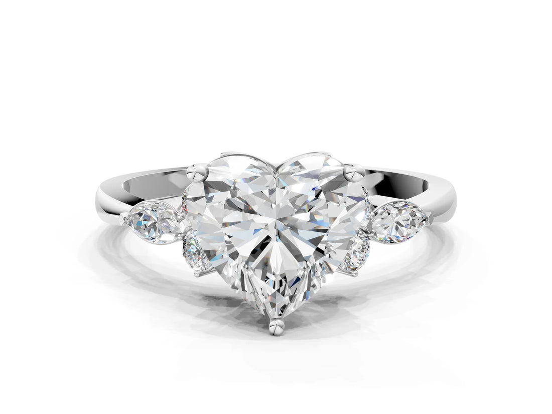 White gold Heart Cut Brilliant Diamond Solitaire Ring with Pear Side Stones and Four-Prong Setting_12