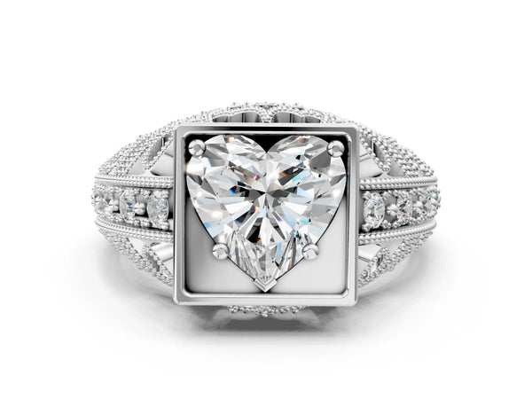 Silver Round Brilliant Milgrain Filigree Diamond Ring with Square Prong Setting