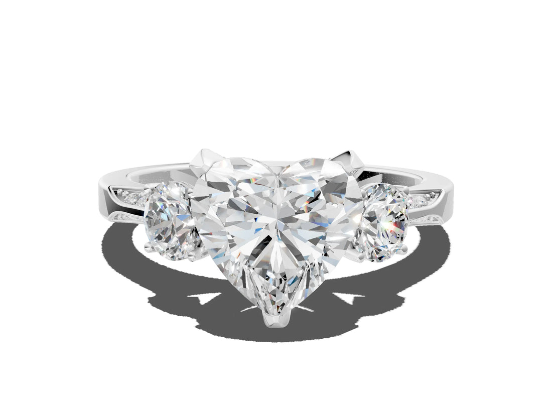 White gold Heart Cut Brilliant Three-Stone Diamond Ring with Pavé Band and Four-Prong Setting_25