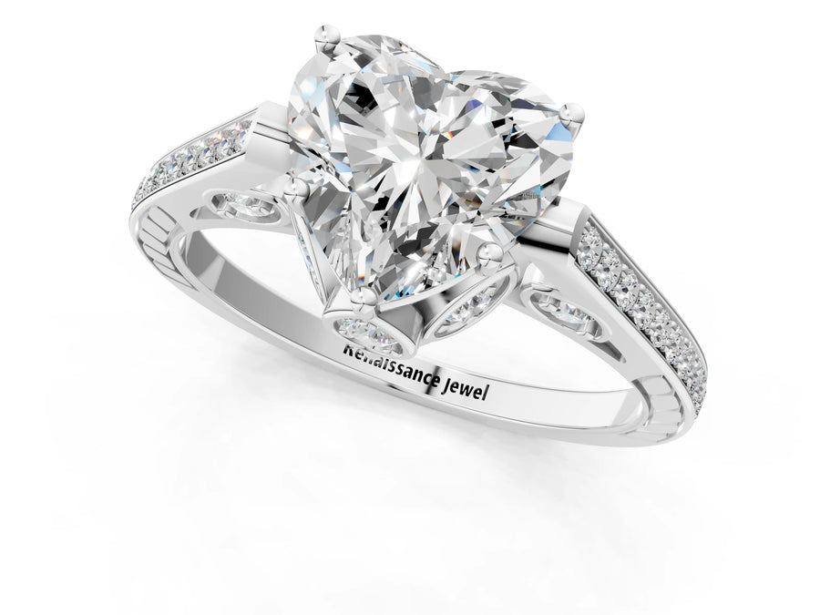 White gold Heart Cut Cathedral Pave Diamond Engagement Ring with Six-Prong Setting