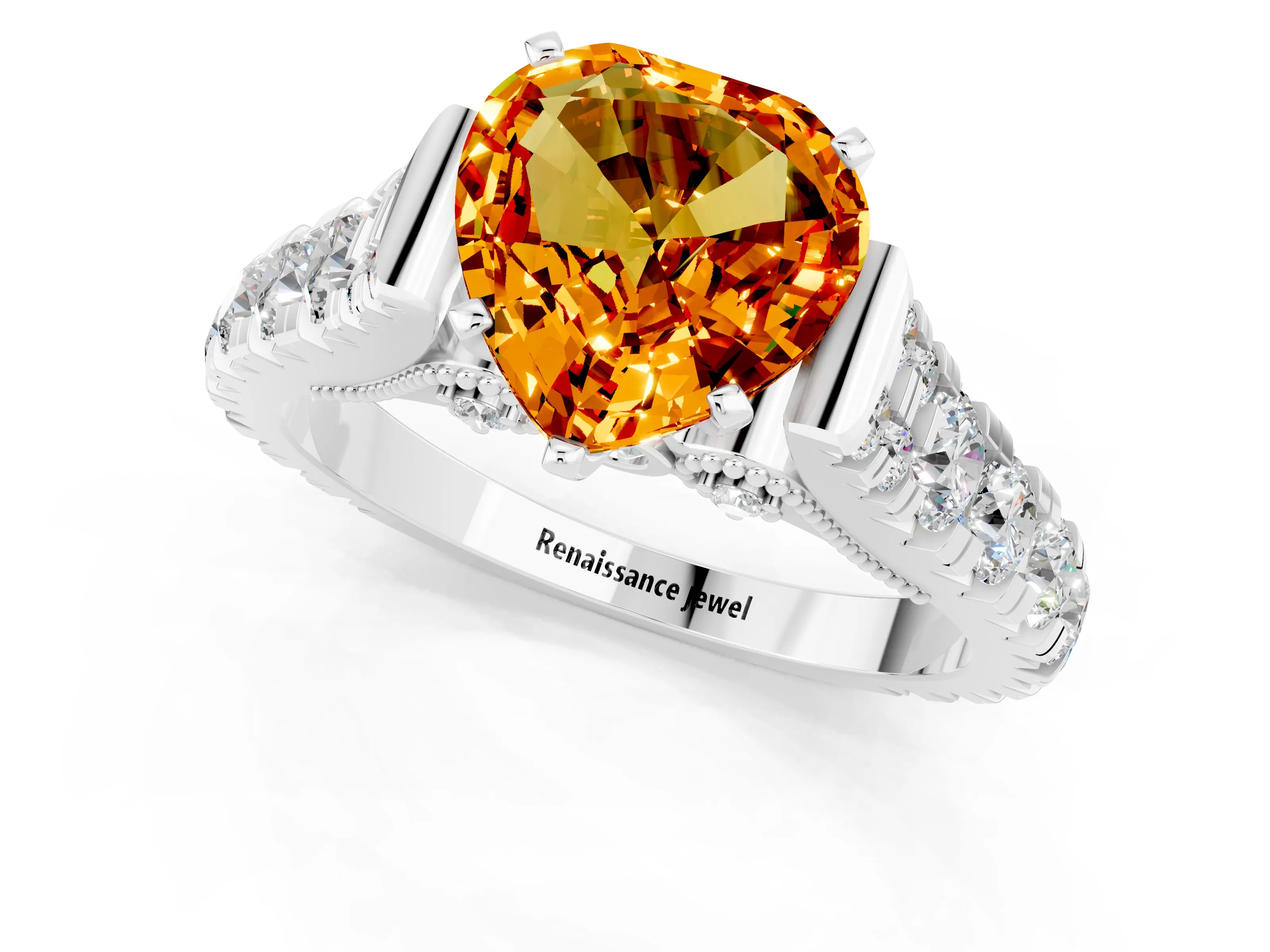 White gold Heart Cut Citrine Classic Solitaire Ring with Pavé Band and Four-Prong Setting_1