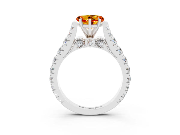 Platinum Heart Cut Citrine Classic Solitaire Ring with Pavé Band and Four-Prong Setting