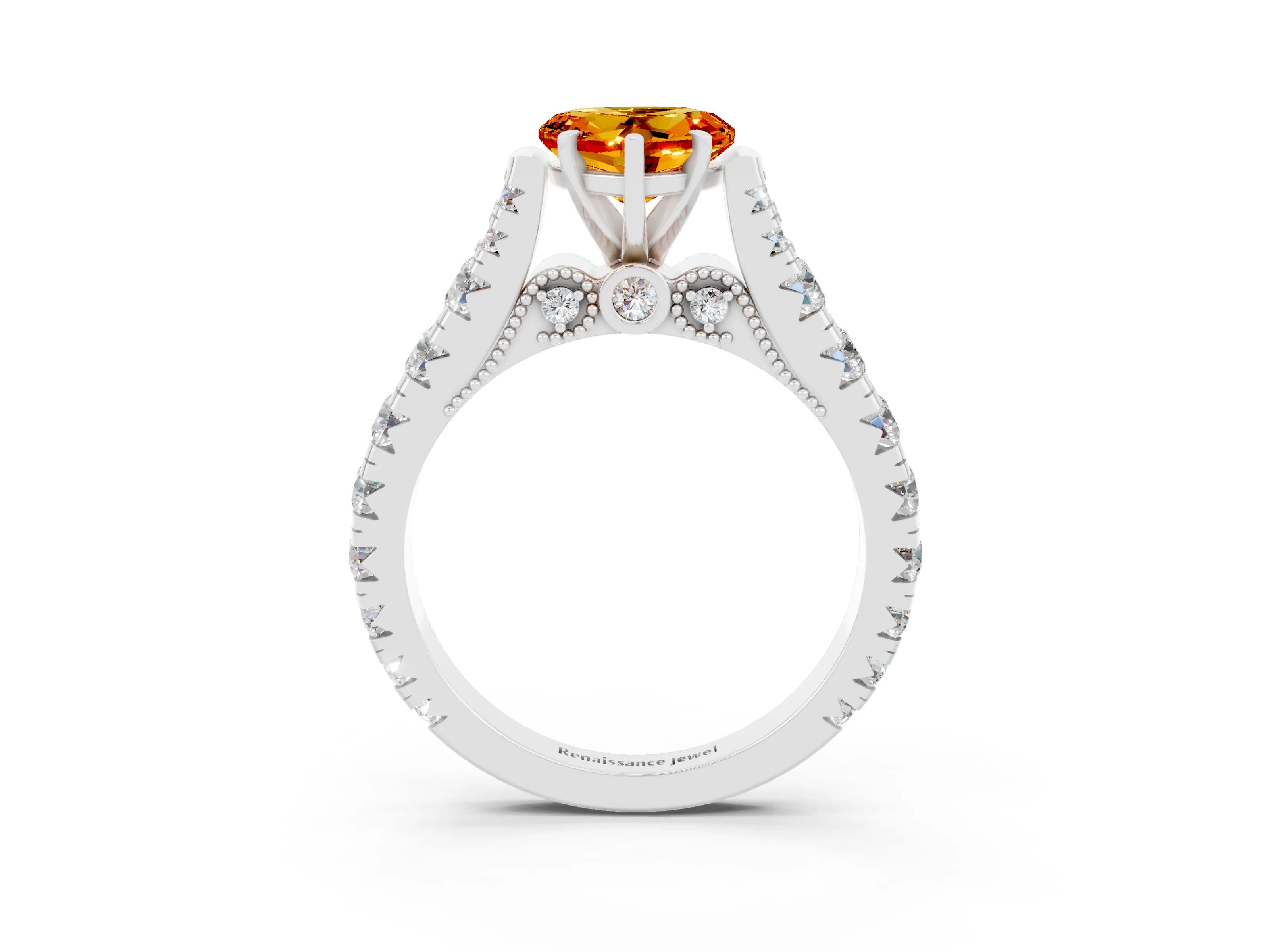 White gold Heart Cut Citrine Classic Solitaire Ring with Pavé Band and Four-Prong Setting_3