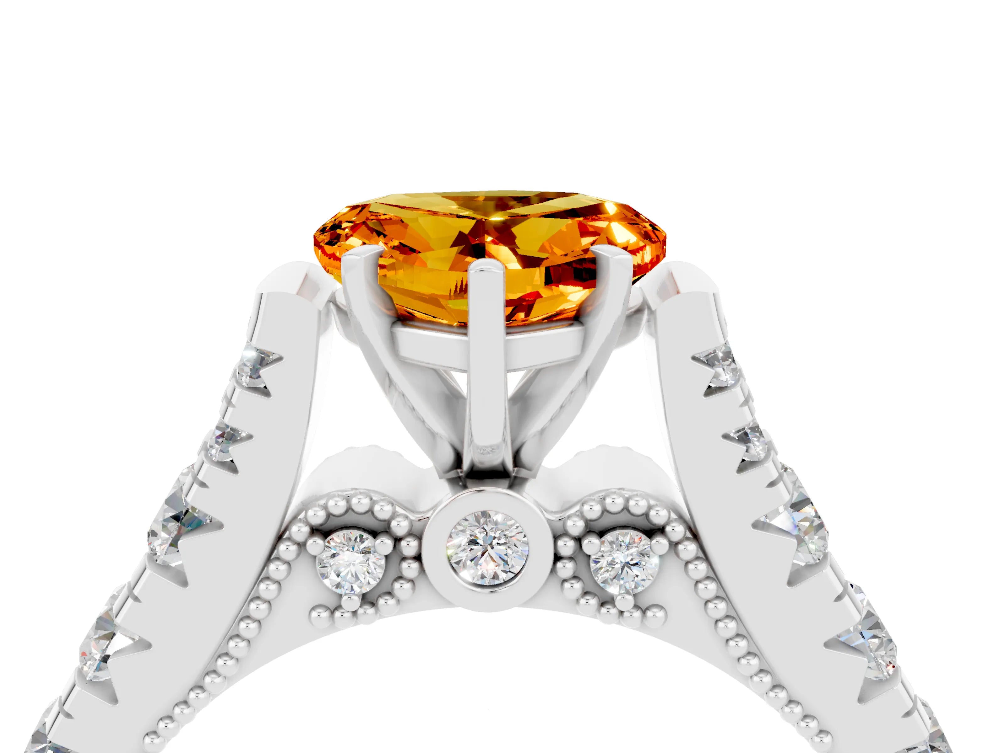 White gold Heart Cut Citrine Classic Solitaire Ring with Pavé Band and Four-Prong Setting_4