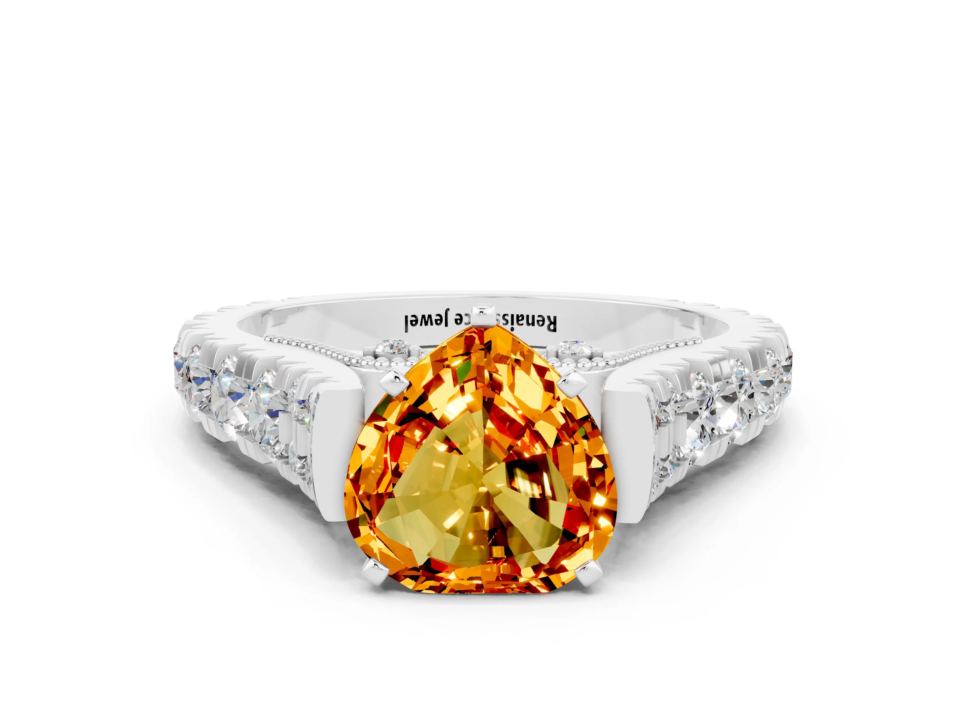 White gold Heart Cut Citrine Classic Solitaire Ring with Pavé Band and Four-Prong Setting