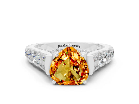White gold Heart Cut Citrine Classic Solitaire Ring with Pavé Band and Four-Prong Setting