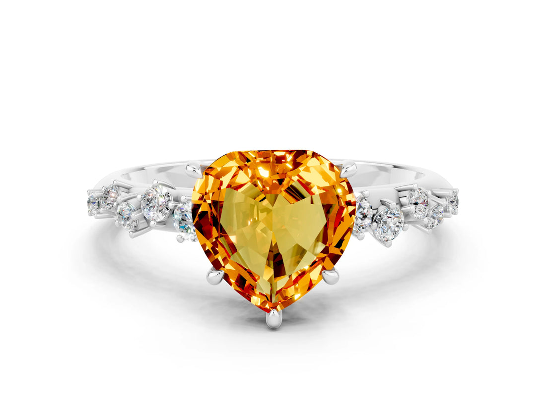 White gold Heart Cut Citrine Cluster Side Stone Solitaire Ring with Prong Setting_24
