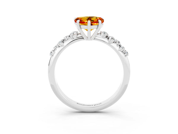 Platinum Heart Cut Citrine Cluster Side Stone Solitaire Ring with Prong Setting