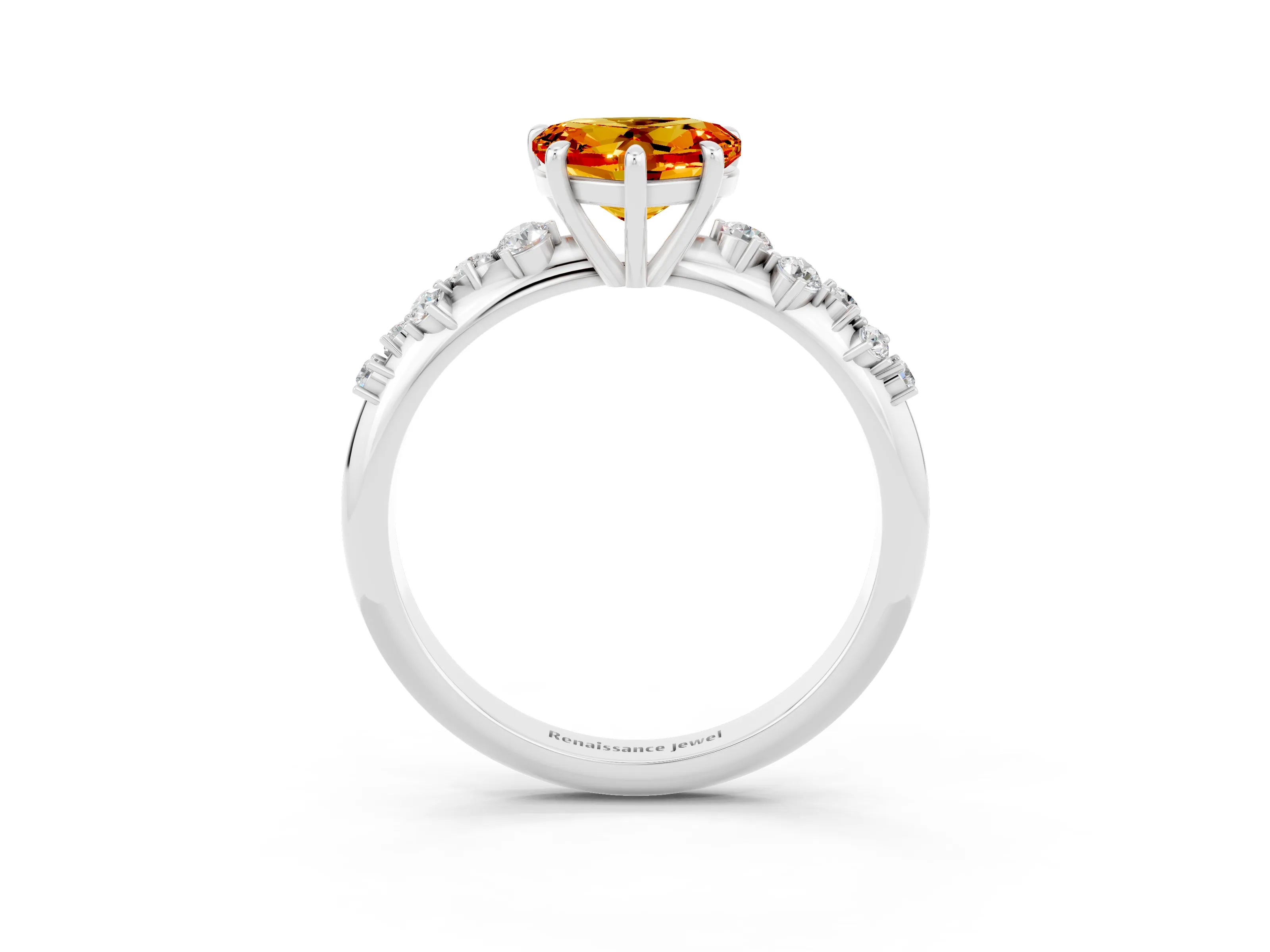 White gold Heart Cut Citrine Cluster Side Stone Solitaire Ring with Prong Setting_27