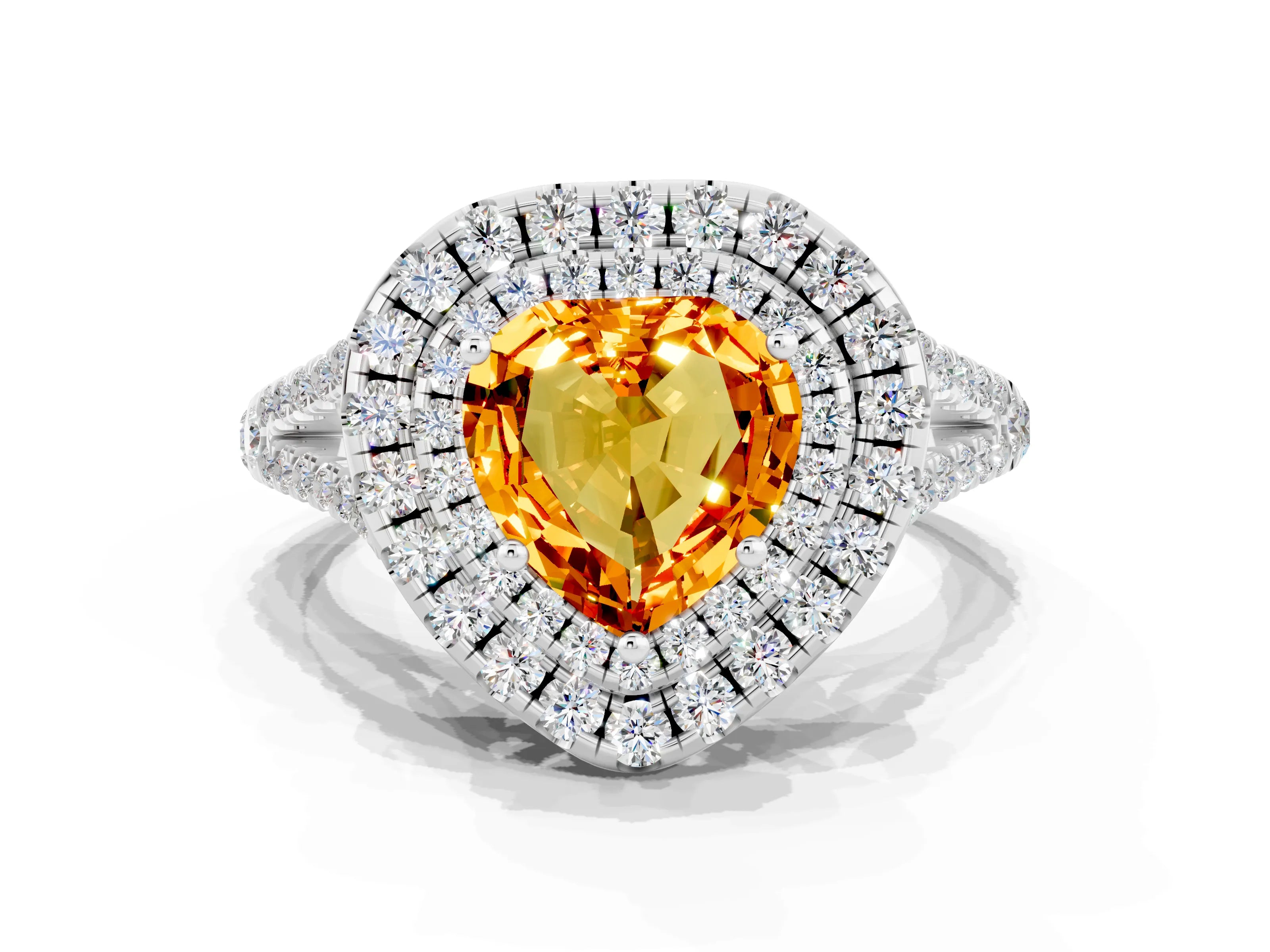 White gold Heart Cut Citrine Double Halo Ring with Pavé Band and Prong Setting_12