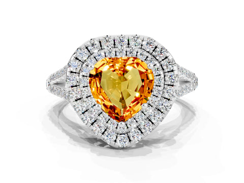 White gold Heart Cut Citrine Double Halo Ring with Pavé Band and Prong Setting_12