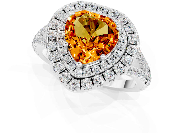 White gold Heart Cut Citrine Double Halo Ring with Pavé Band and Prong Setting