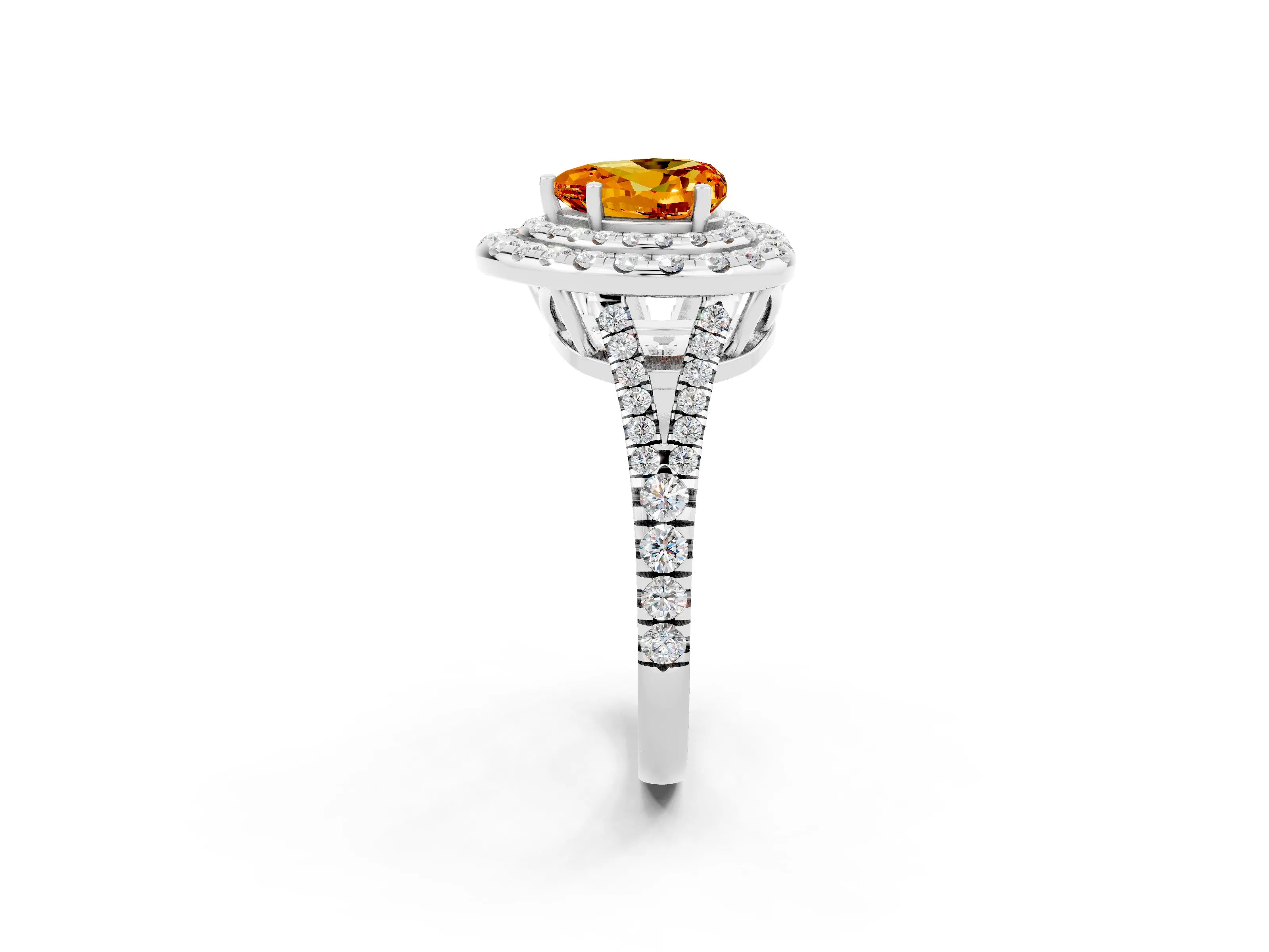 White gold Heart Cut Citrine Double Halo Ring with Pavé Band and Prong Setting_14