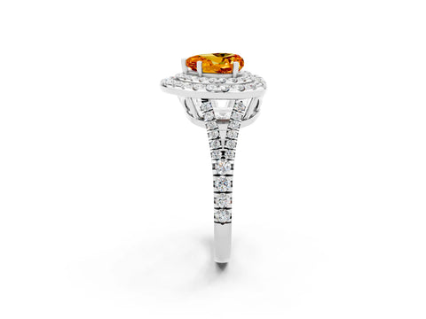 White gold Heart Cut Citrine Double Halo Ring with Pavé Band and Prong Setting_14