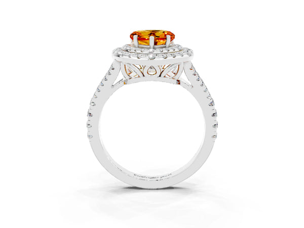 Platinum Heart Cut Citrine Double Halo Ring with Pavé Band and Prong Setting